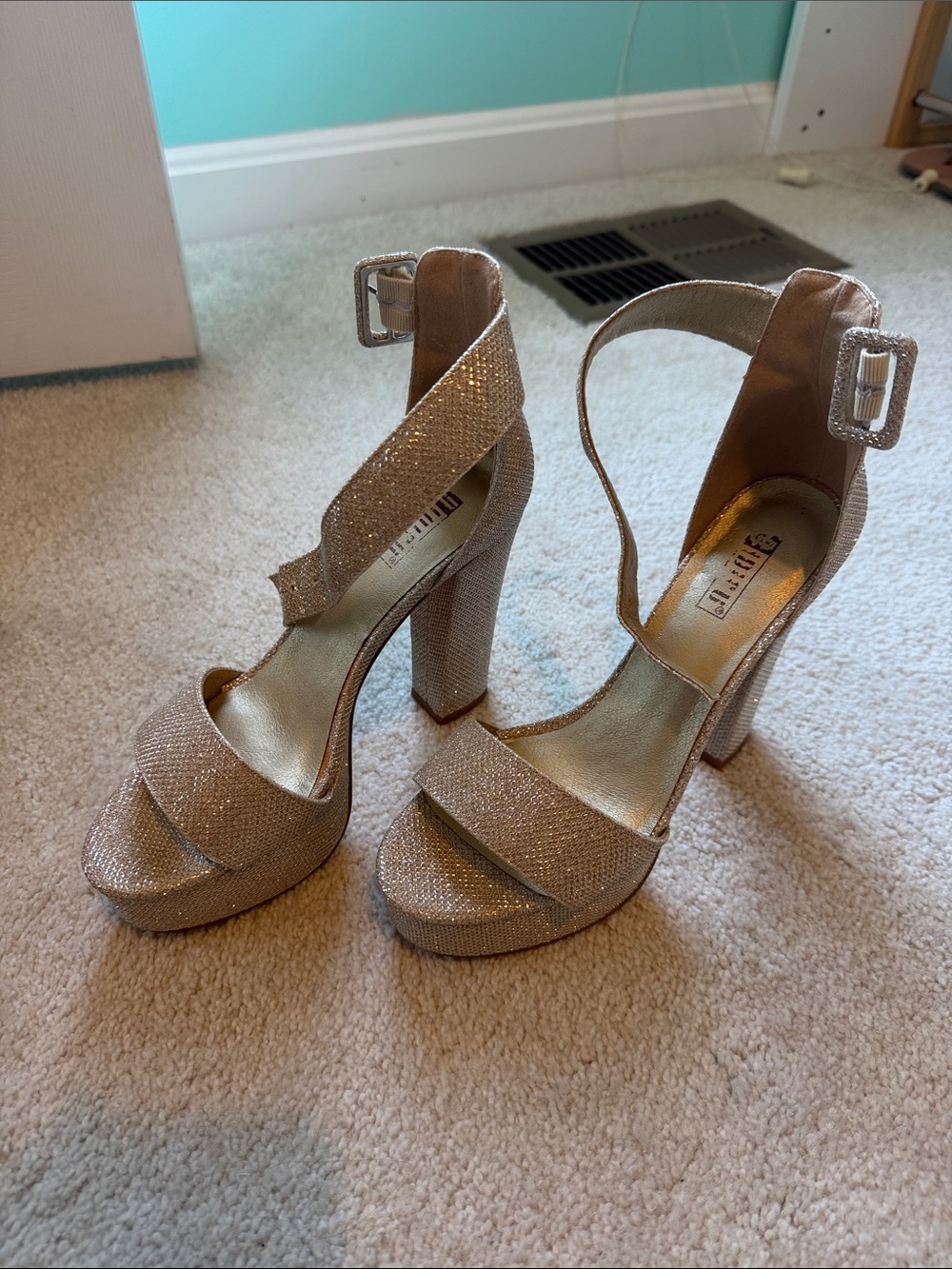 BCBG Glitter Platform Ankle-Strap Heels in Rose Gold